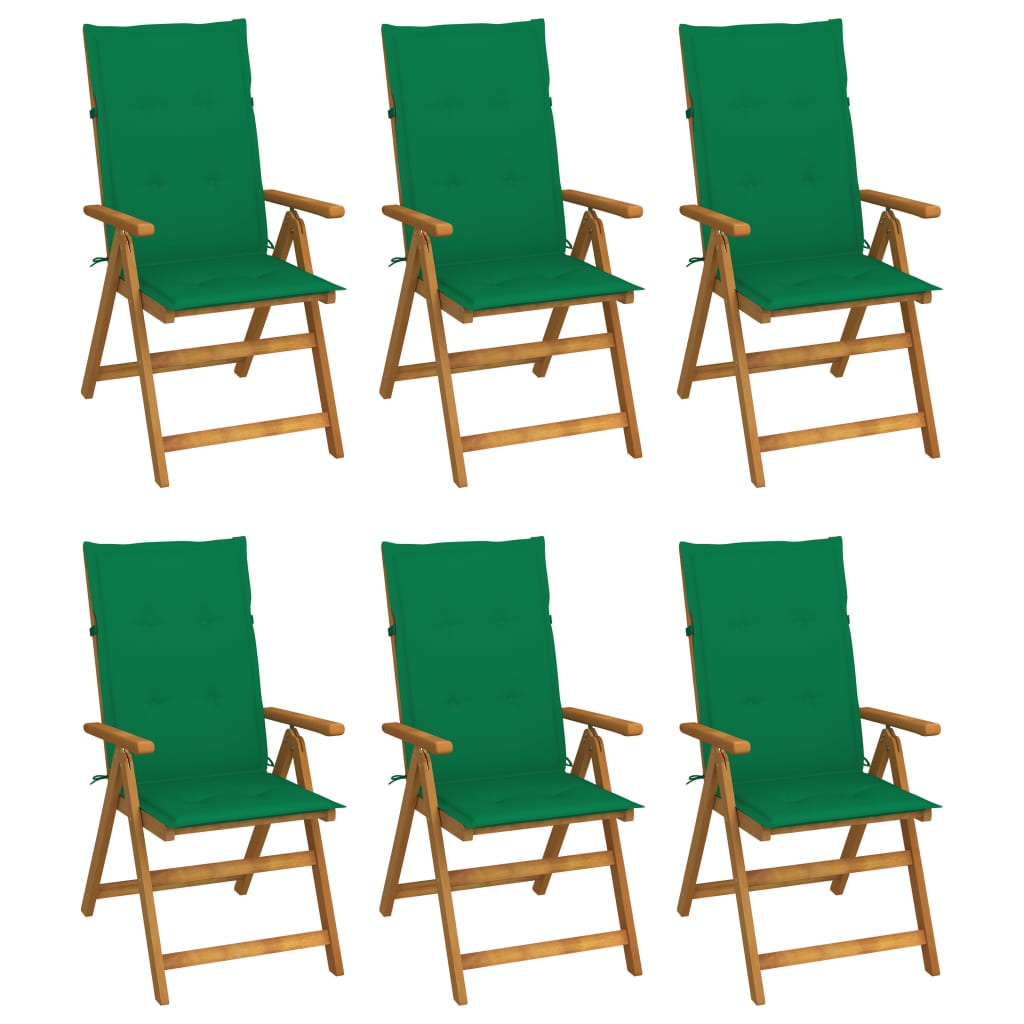 Set de 6 scaune de gradina, vidaXL, Lemn masiv de acacia-poliester, 57 x 69 x 111 cm, Maro - perne verde