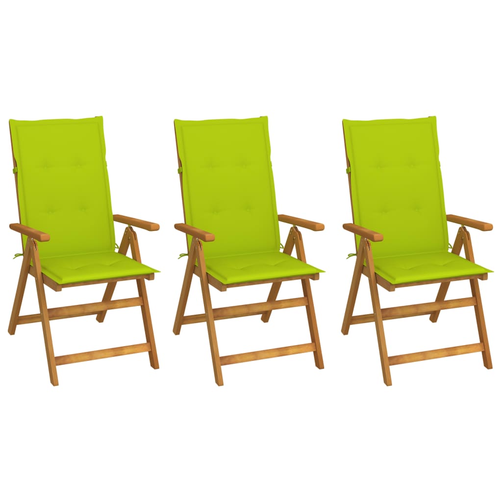 Set de 3 scaune de gradina, vidaXL, Lemn masiv de acacia-poliester, 57 x 69 x 111 cm, Maro - perne verde aprins
