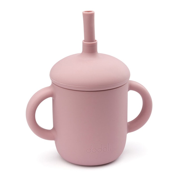 Cana din silicon cu capac si pai pentru bebelusi si copii, Dodoli, 150ml, Roz Rosewood