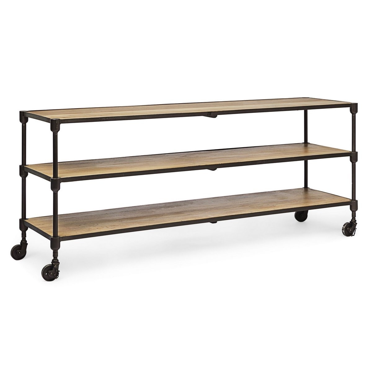 Comoda TV cu 3 polite din lemn natur si cadru fier maro Lendon 152 cm x 42 cm x 65 h