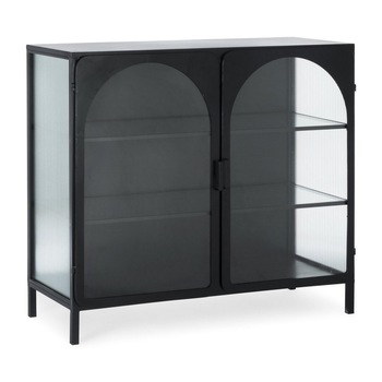 Comoda cu 2 usi 3 polite din fier negru si sticla Nerissa 111 cm x 46 cm x 99 h Comoda cu 2 usi 3 polite din fier negru si sticla Nerissa 111 cm x 46 cm x 99 h