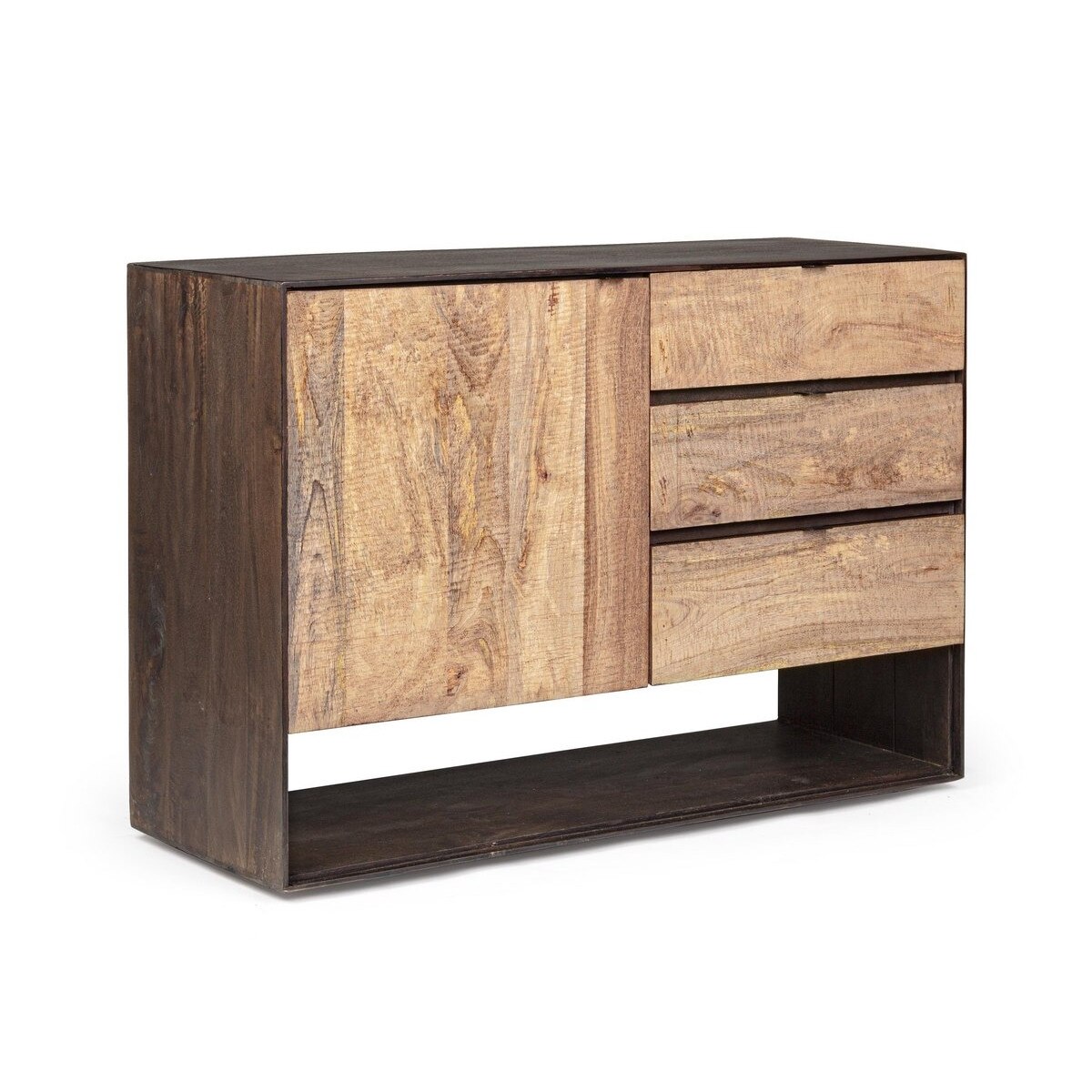 Comoda 3 sertare 1 usa din lemn maro natur Gunter 110 cm x 40 cm x 75 h