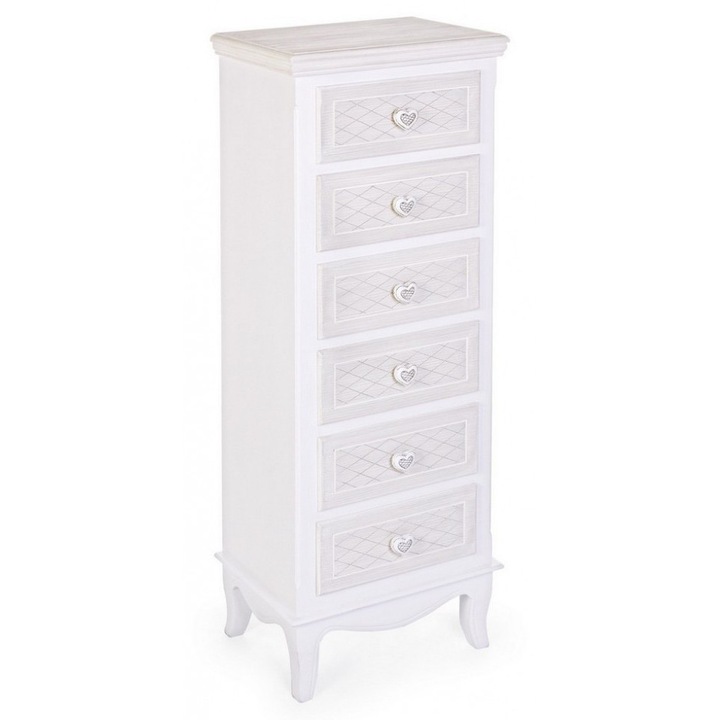 Comoda 6 sertare din lemn alb patinat Charlene 40 cm x 30 cm x 114 h