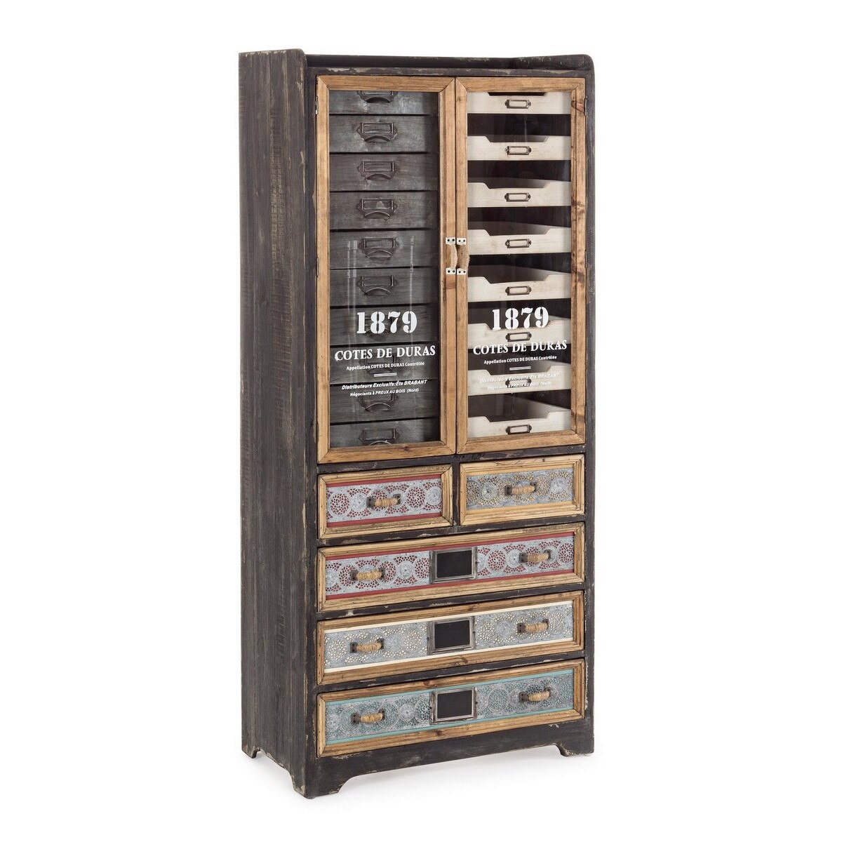 Comoda 5 sertare 2 usi din lemn maro si metal Sixtem 65.5 cm x 37 cm x 146.5 h