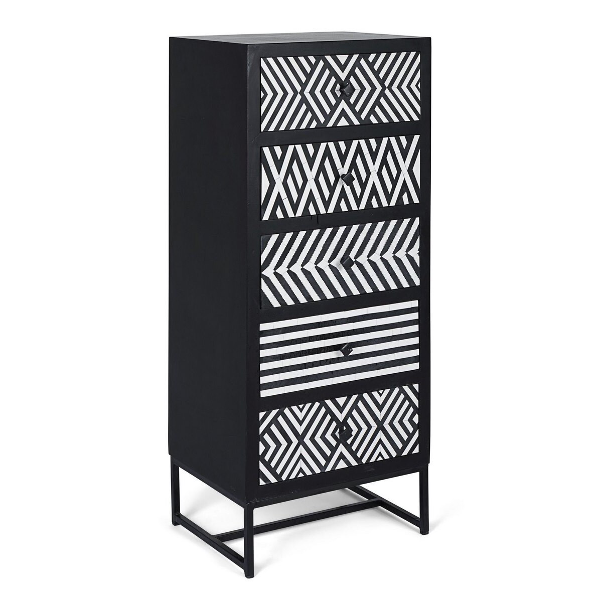 Comoda 5 sertare din lemn alb negru Janesh 45 cm x 35 cm x 110 h