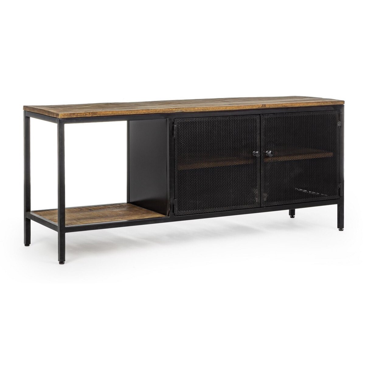 Comoda TV cu 1 polita 2 usi din lemn maro si fier negru Roderic 120 cm x 35 cm x 52 h
