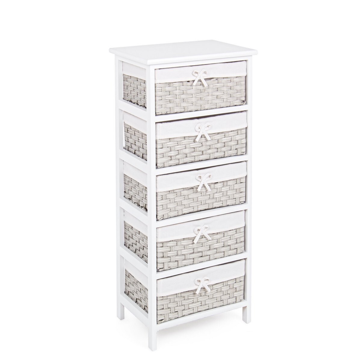 Comoda 5 cosuri din rattan sintetic gri si lemn alb Livigno 40 cm x 29 cm x 90 h