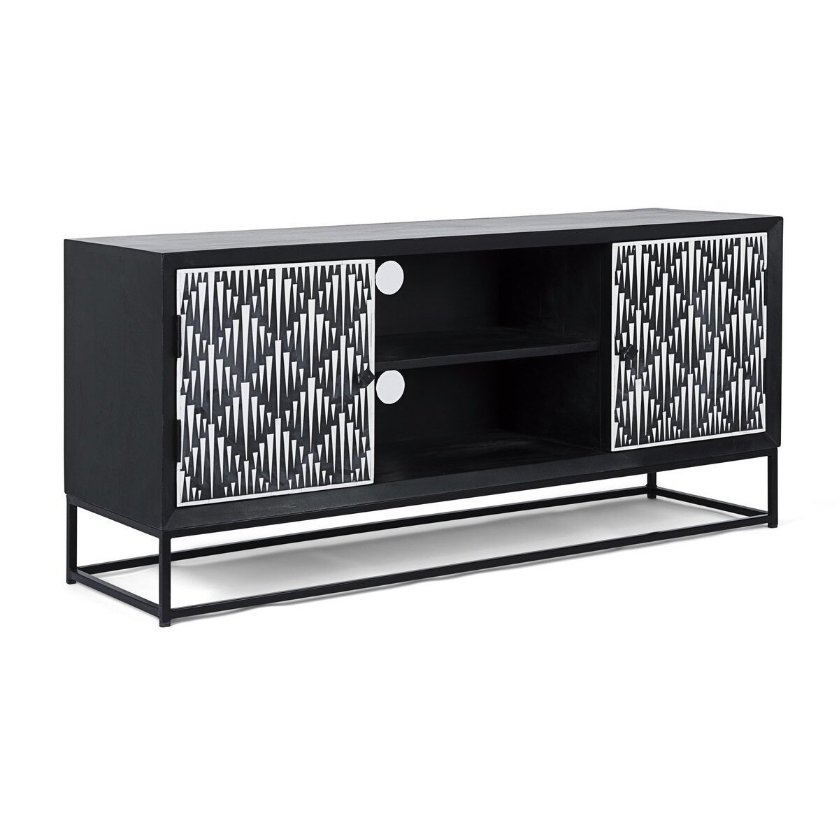 Comoda TV cu 2 polite 2 usi din lemn negru si mosaic alb Janesh 130 cm x 40 cm x 60 h