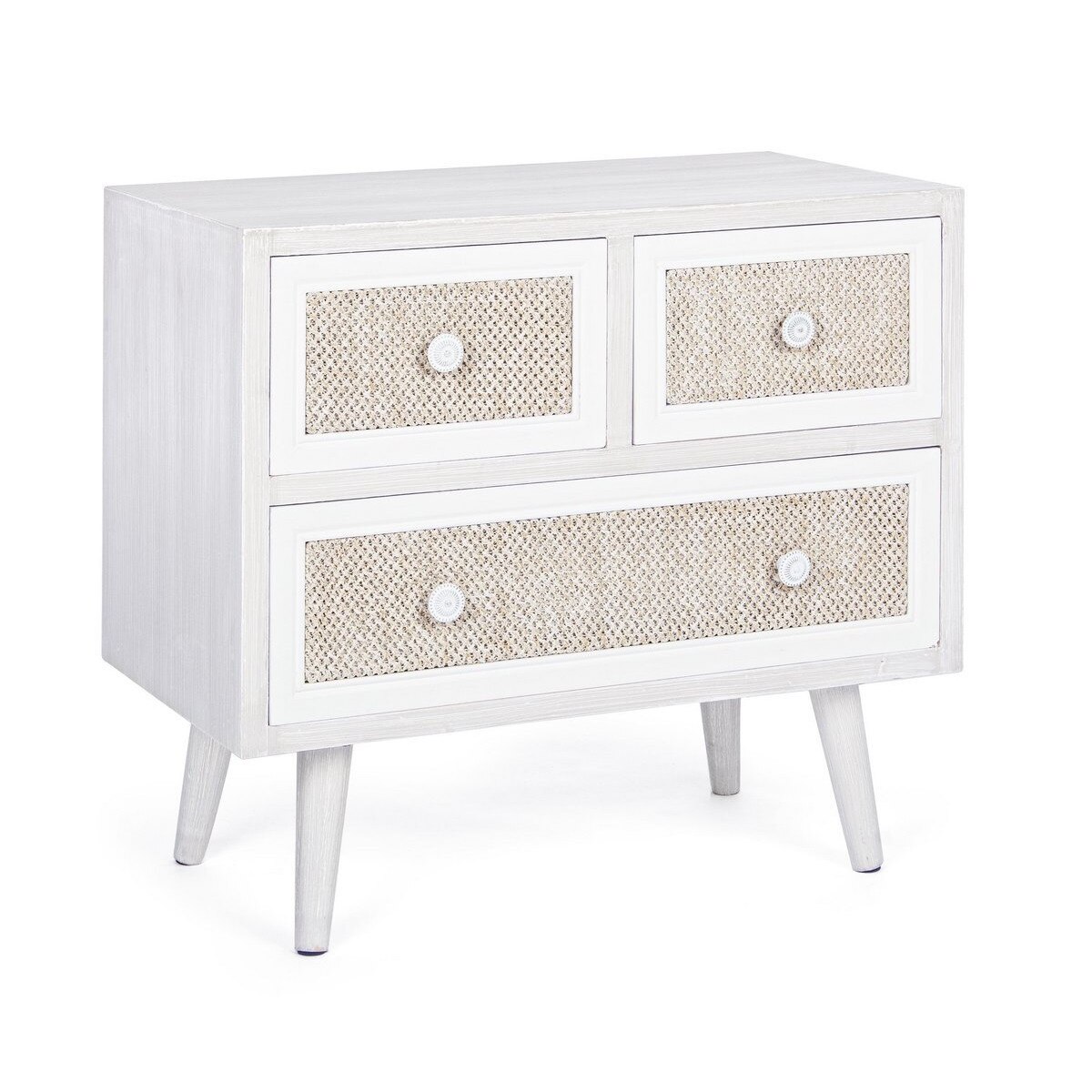 Comoda cu 3 sertare din mdf gri patinat si textil natur Montiel 60 cm x 33 cm x 54.5 h