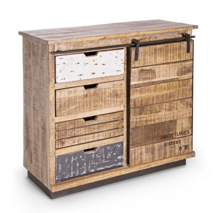 Komód, 4 fiókos és 1 mozgó ajtós, mangófa barna, szürke, Tudor 90 cm x 35 cm x 85 h