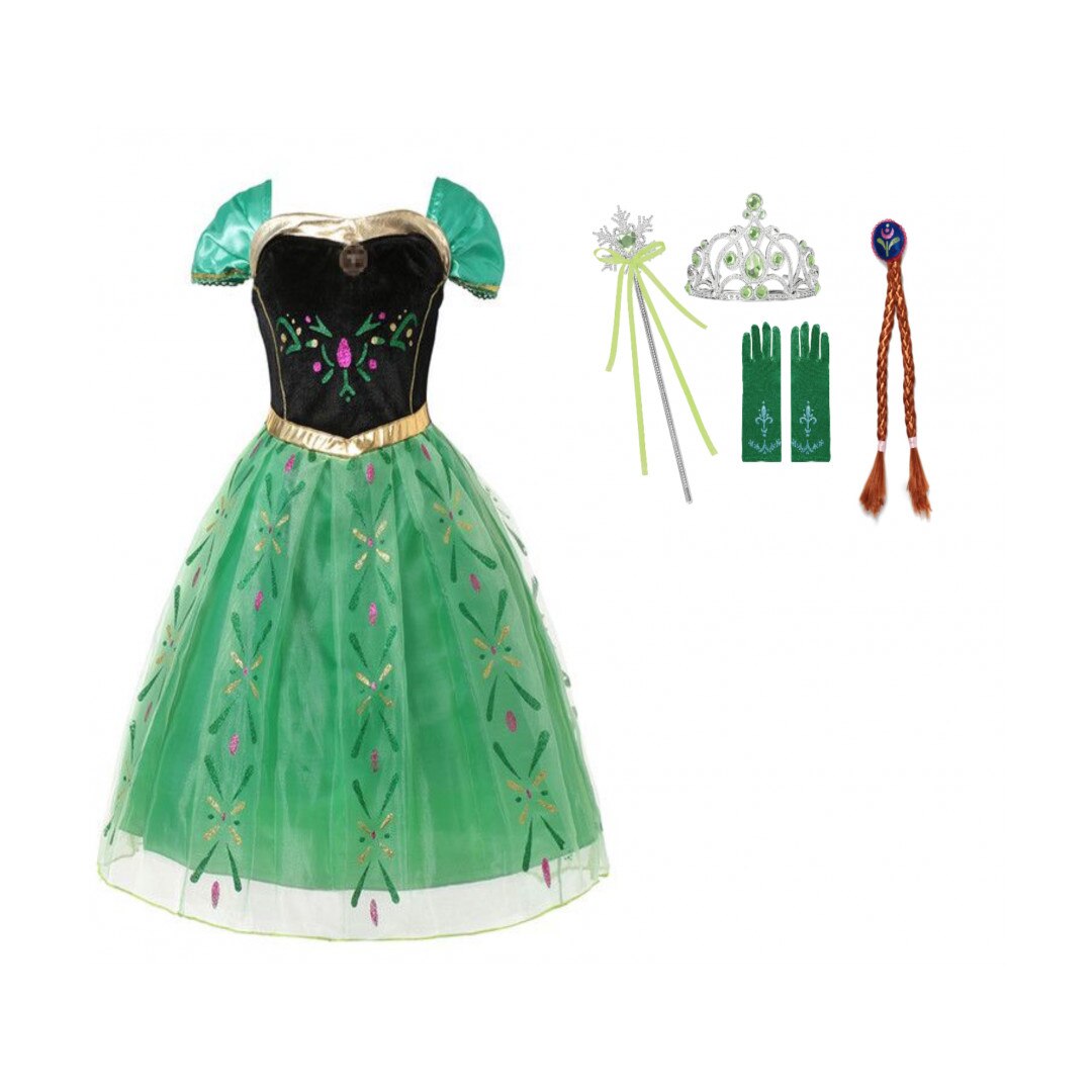 Costum carnaval fete Anna Frozen cu bagheta, coronita , manusi si codita,7-8ani