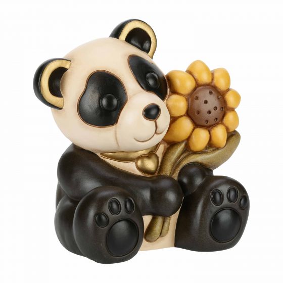 Figurina ceramica, Panda cu floarea soarelui, THUN, Negru/Bej, 21 cm