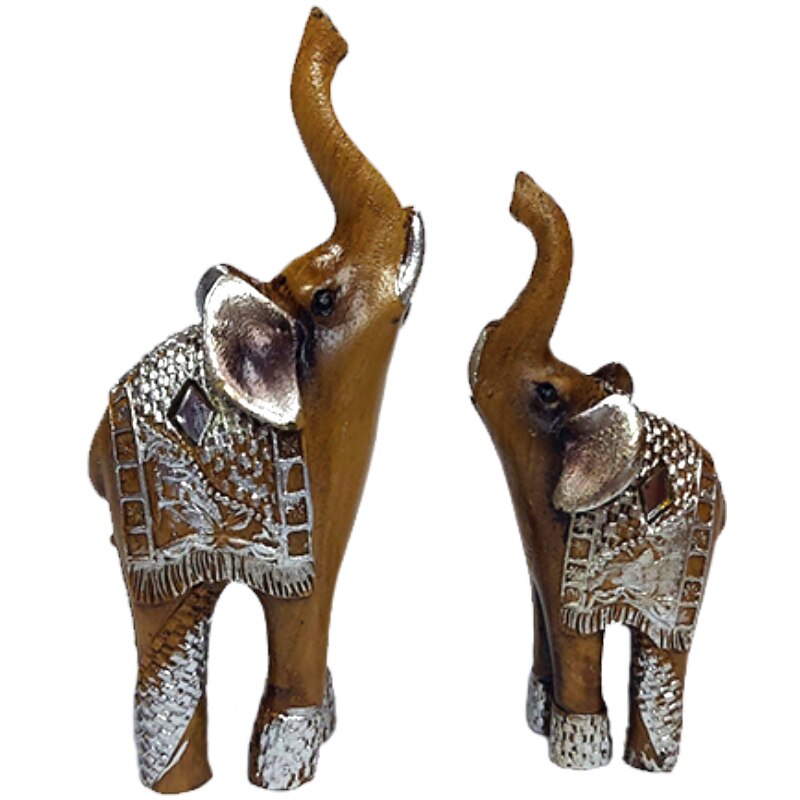 Set 2 Statuete ArtDeco Evolution Elefanti din polirasina de culoare crem-capucino cu argintiu si romburi de oglinda