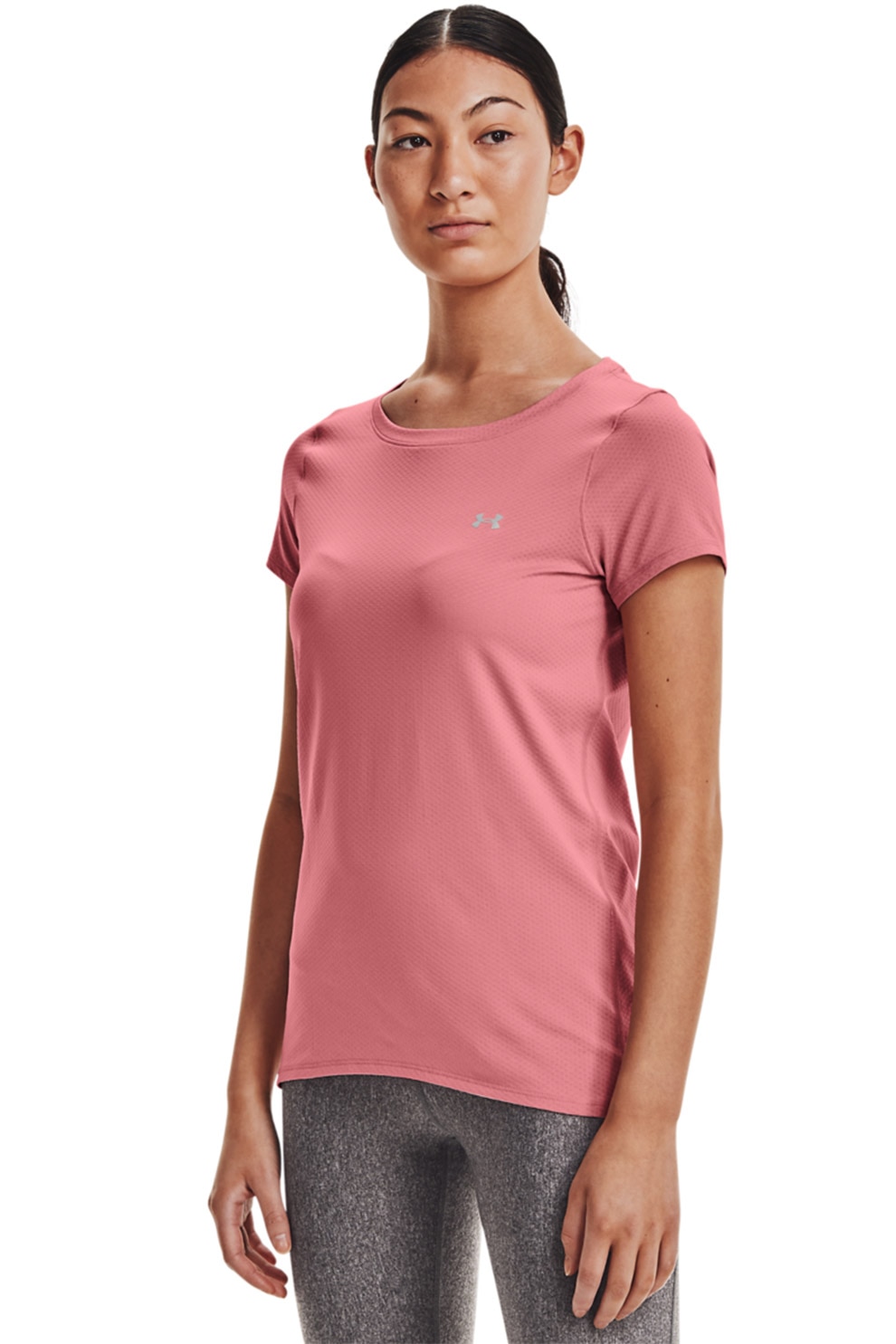 Under Armour, Tricou cu decolteu rotund pentru fitness HeatGear® Armour, Roz prafuit