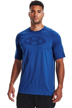 Under Armour, Tricou cu imprimeu logo pentru fitness Tech 2.0 Lockertag, Albastru inchis