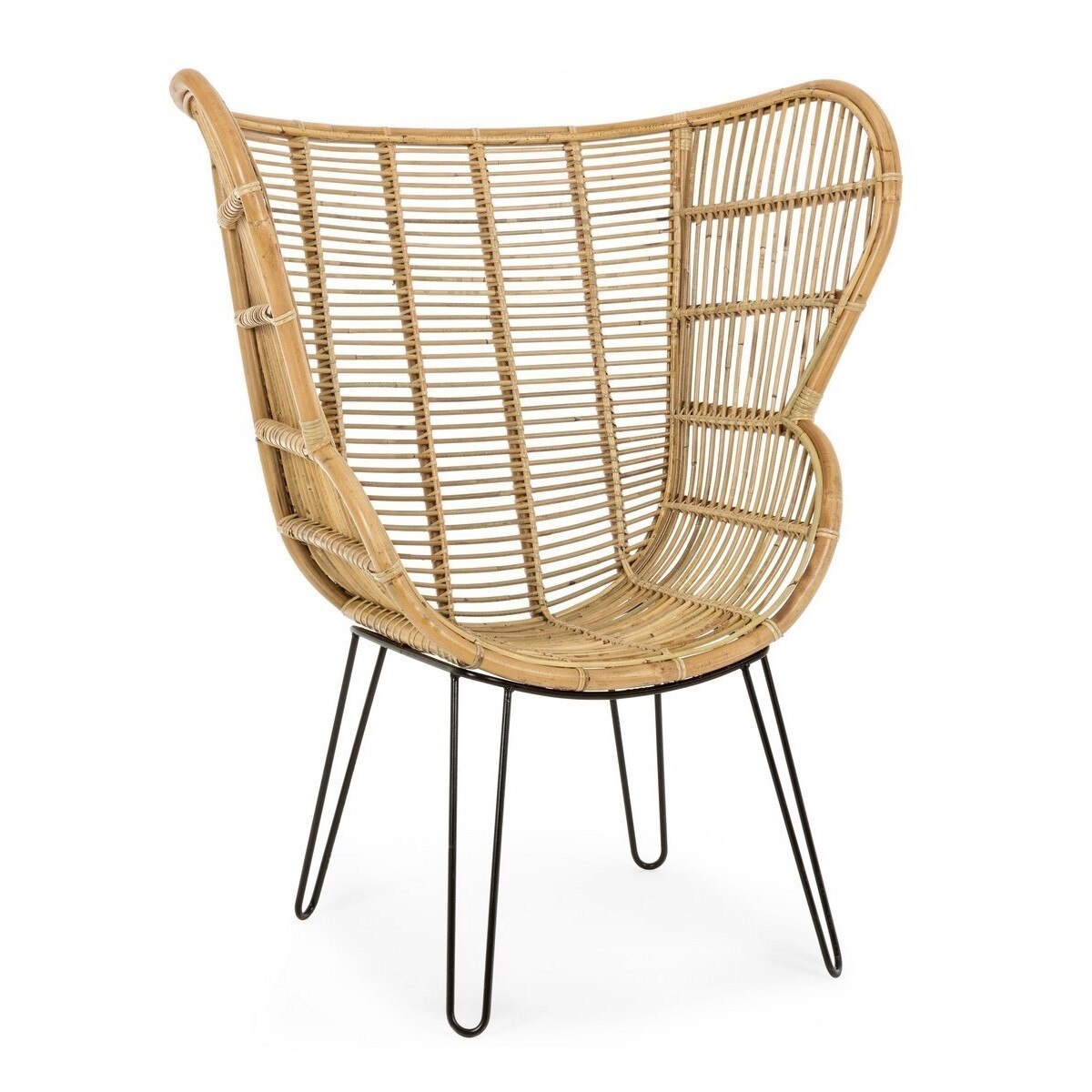 Fotoliu cu picioare fier negru si rattan natur Estefan 100 cm x 75 cm x 118 h