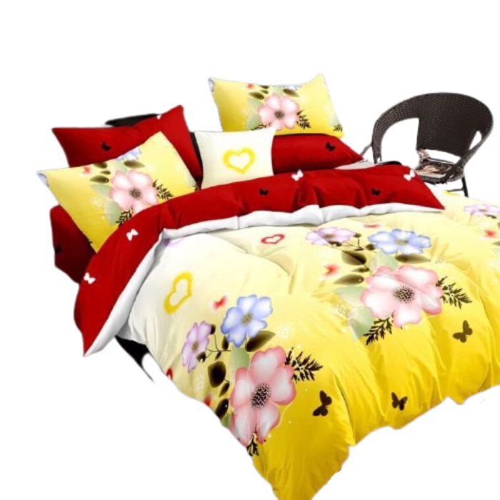 Lenjerie pat 2 Persoane din 6 Piese, Bumbac Finet, Flori, Galben/Rosu