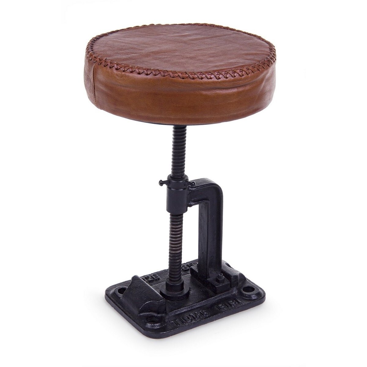 Taburet din fier negru sezut cu inaltime reglabila piele naturala maro Charleston Ø 30 cm x 60h