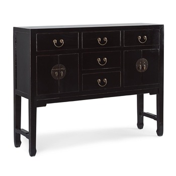 Comoda cu 4 usi si 5 sertare din lemn negru patinat Jinan 137 cm x 35 cm x 107 h Comoda cu 4 usi si 5 sertare din lemn negru patinat Jinan 137 cm x 35 cm x 107 h