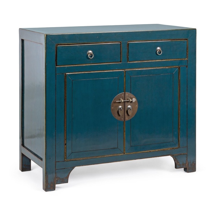 Скрин с 2 чекмеджета и 2 врати в патинирано синьо дърво Jinan 91 cm x 43 cm x 84 h