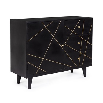 Comoda cu 3 sertare si 1 usa din lemn mango negru cu insertii aurii Lineas 105 cm x 40 cm x 83 h Comoda cu 3 sertare si 1 usa din lemn mango negru cu insertii aurii Lineas 105 cm x 40 cm x 83 h