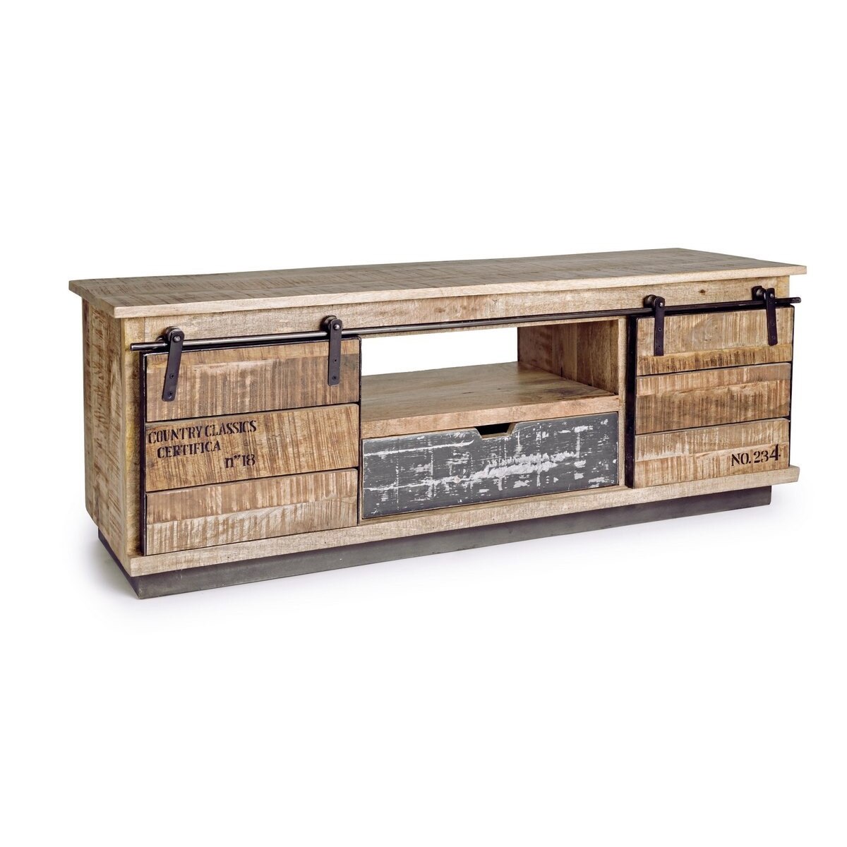 Comoda 2 usi mobile 1 sertar din lemn mango maro gri Tudor 130 cm x 40 cm x 50 h