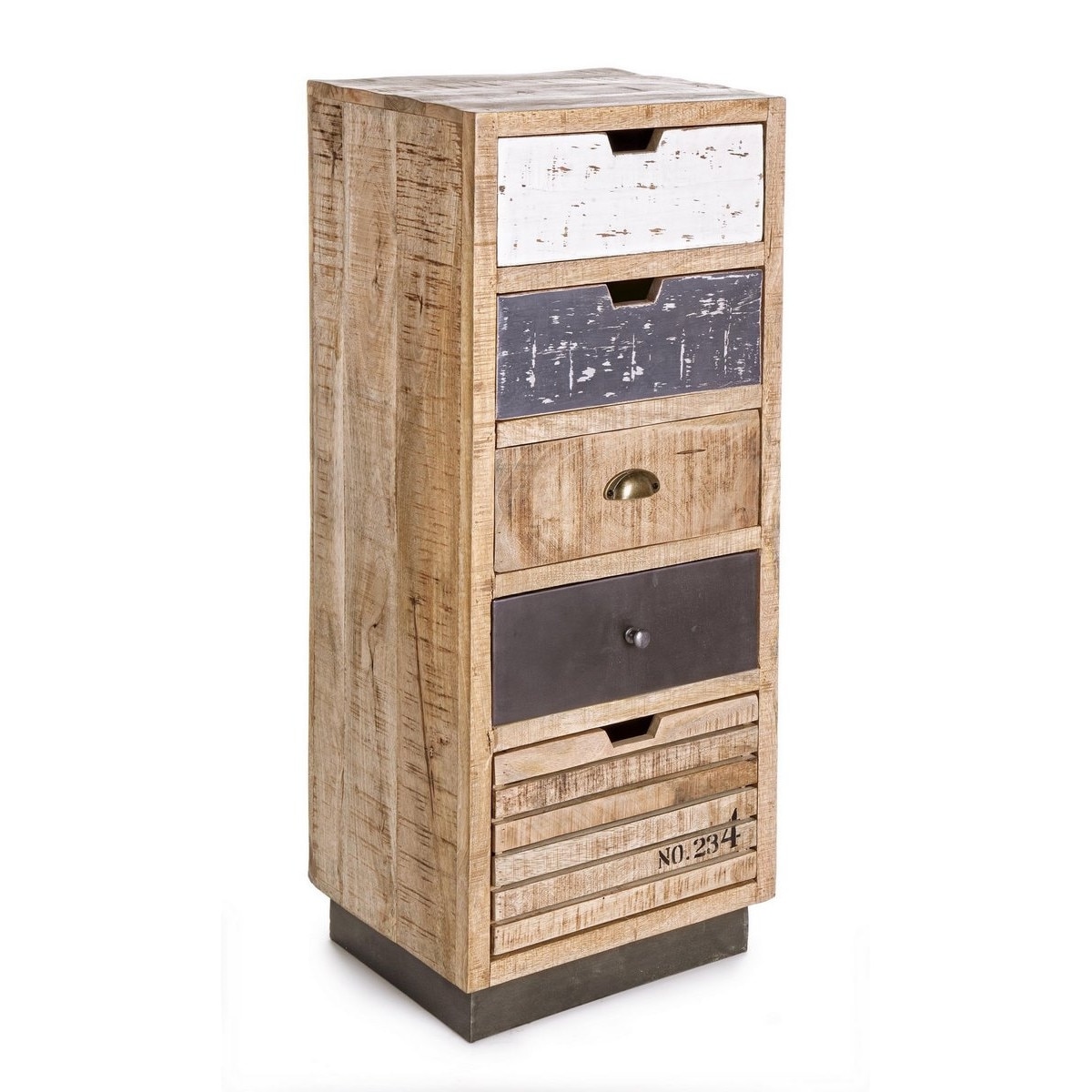 Comoda 5 sertare din lemn mango alb natur gri Tudor 45 cm x 35 cm x 110 h