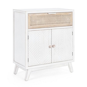 Comoda 1 sertar si 2 usi din lemn alb cu rattan natur Clotilde 65 cm x 31.5 cm x 77.5 h Comoda 1 sertar si 2 usi din lemn alb cu rattan natur Clotilde 65 cm x 31.5 cm x 77.5 h