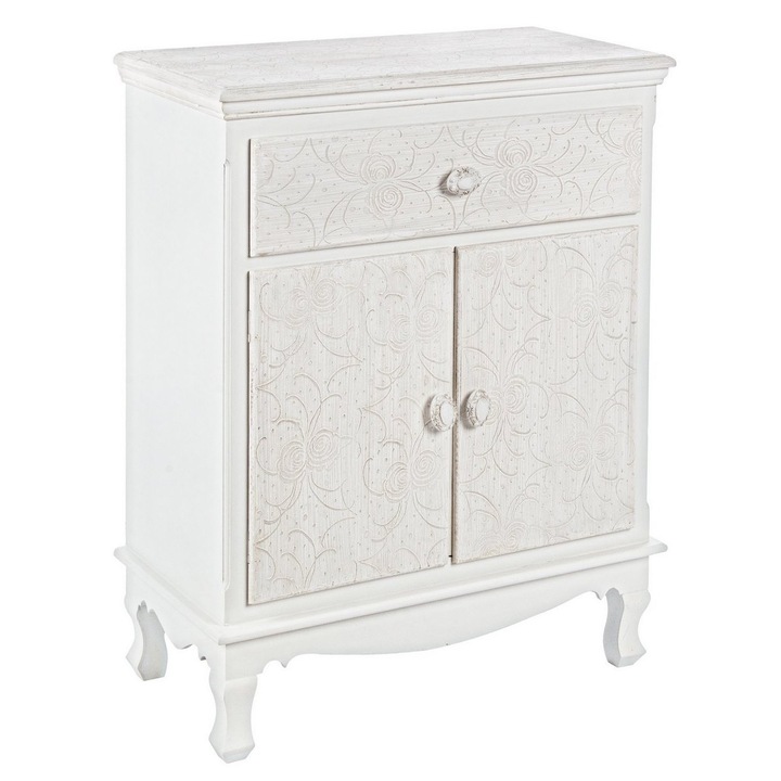 Comoda 1 sertar si 2 usi din lemn alb patinat Clorine 60 cm x 30 cm x 78 h