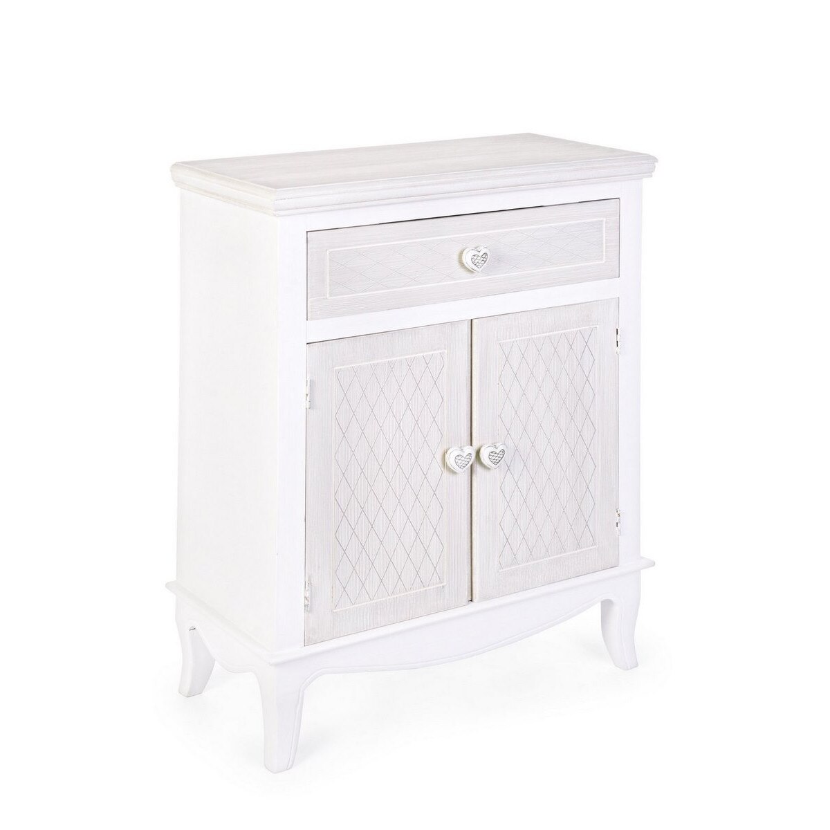 Comoda 1 sertar si 2 usi din lemn alb patinat Charlene 60 cm x 30 cm x 77.5 h