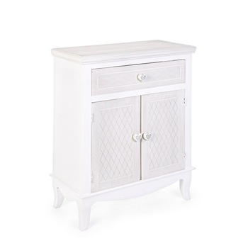 Comoda 1 sertar si 2 usi din lemn alb patinat Charlene 60 cm x 30 cm x 77.5 h Comoda 1 sertar si 2 usi din lemn alb patinat Charlene 60 cm x 30 cm x 77.5 h