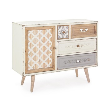 Comoda 4 sertare si 1 usa din lemn alb natur albastru antichizat Aurelie 105 cm x 35 cm x 80 h Comoda 4 sertare si 1 usa din lemn alb natur albastru antichizat Aurelie 105 cm x 35 cm x 80 h