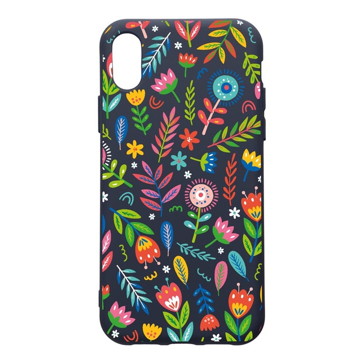 Husa Premium Silicon Compatibila Cu Apple IPhone XS / iPhone X, Happy Flowers, cu interiorul din material textil, protectie camera, Alaskan Blue, PAB756