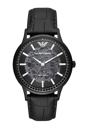 Emporio Armani, Автоматичен часовник с кожена каишка, Черен