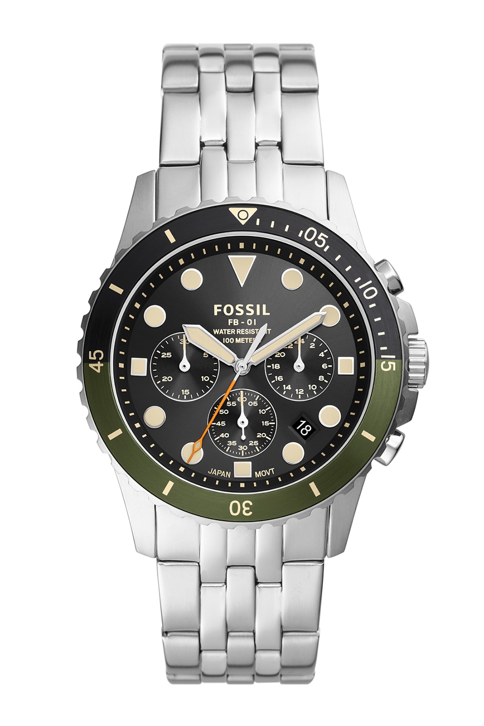 Fossil, Ceas cronograf din otel inoxidabil, Argintiu