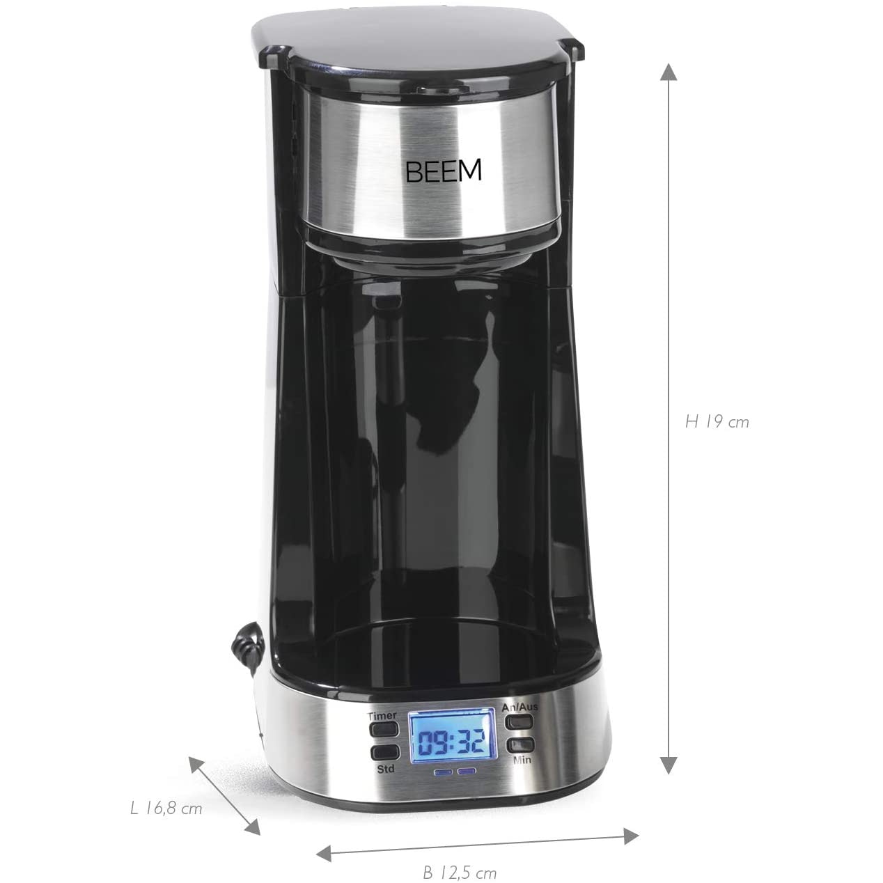 Cafetiera digitala cu filtru Beem Thermo 2 Go, 750W, 0.4L, Cana termos portabila, Stainless Steel, Timer, Black/ Silver