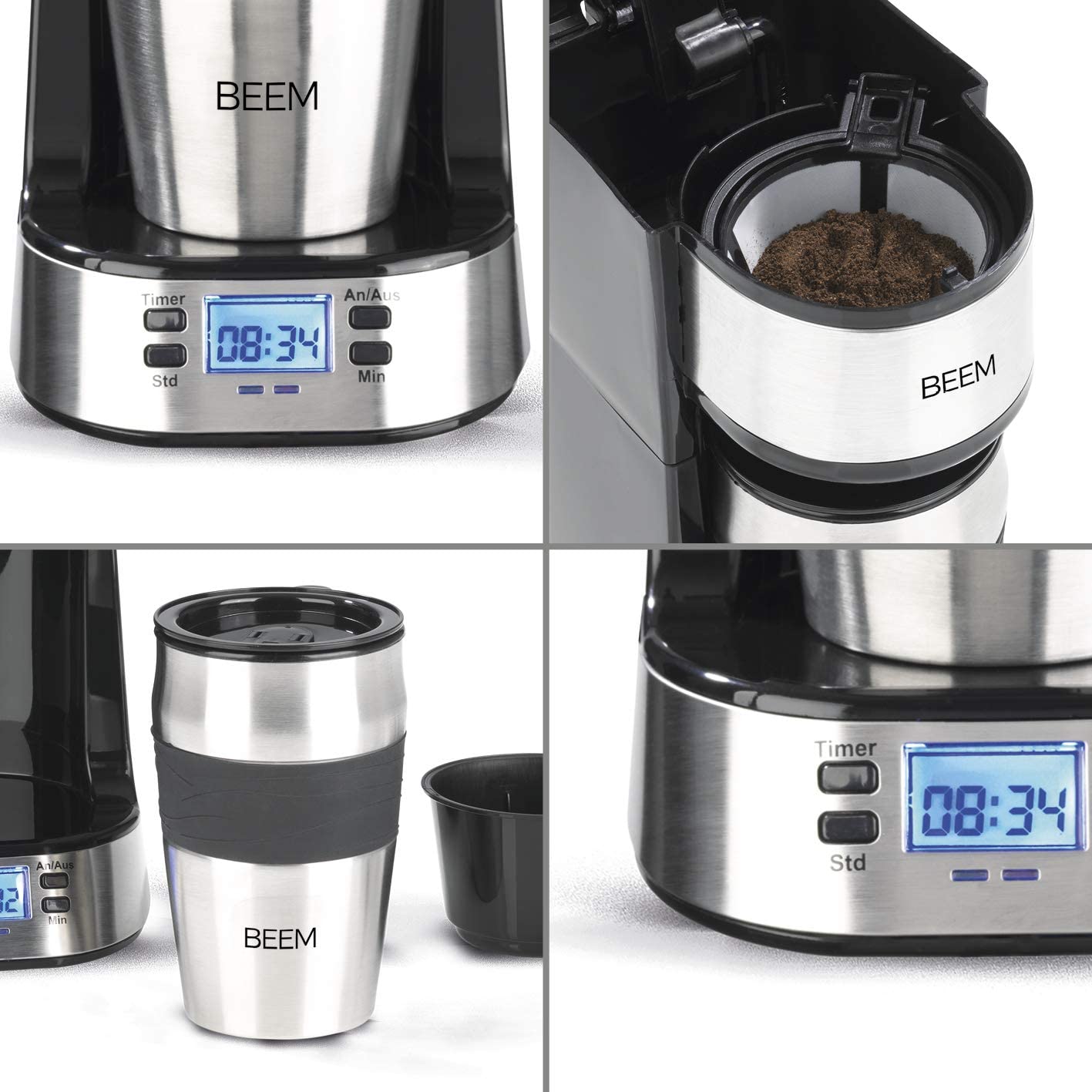 Cafetiera digitala cu filtru Beem Thermo 2 Go, 750W, 0.4L, Cana termos portabila, Stainless Steel, Timer, Black/ Silver