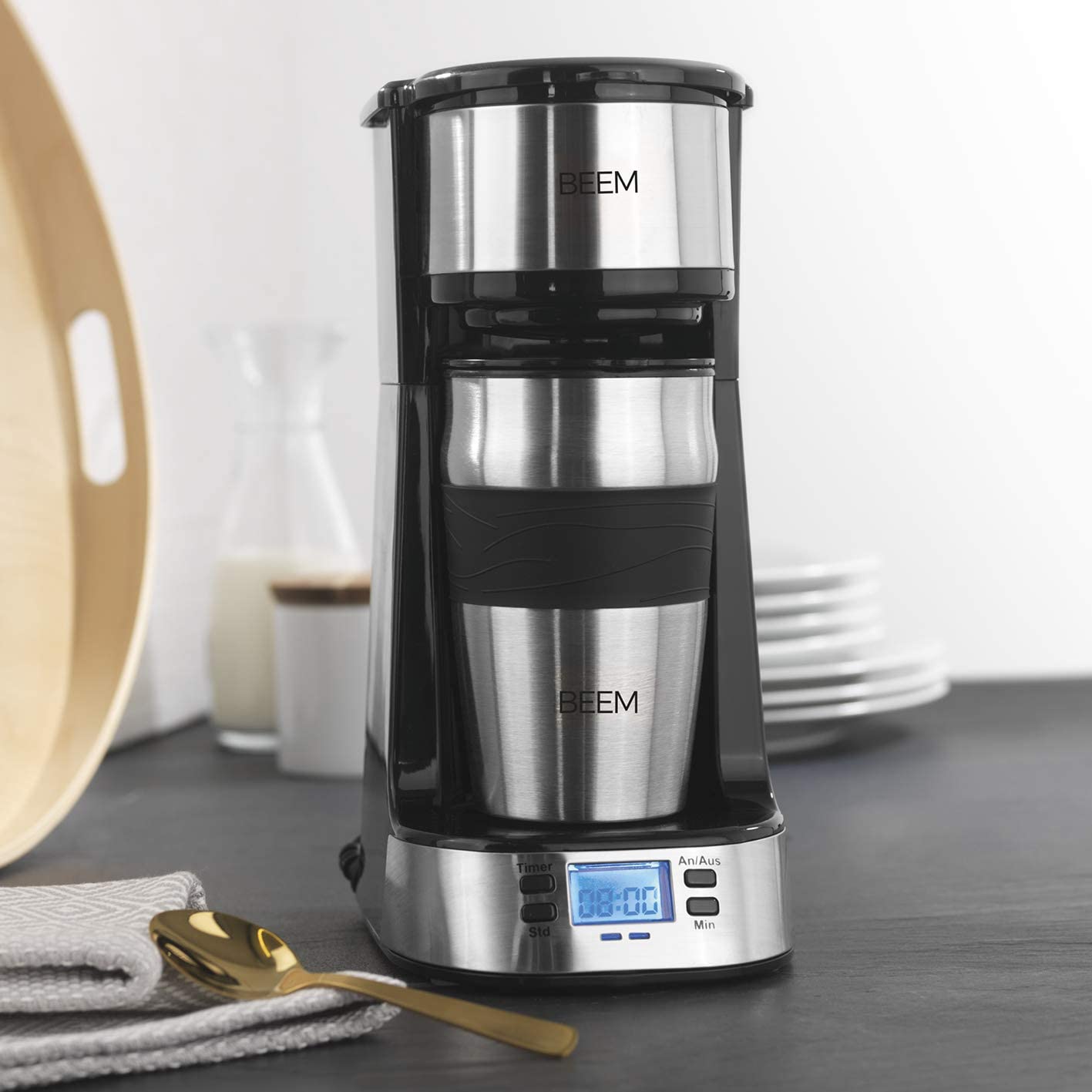 Cafetiera digitala cu filtru Beem Thermo 2 Go, 750W, 0.4L, Cana termos portabila, Stainless Steel, Timer, Black/ Silver