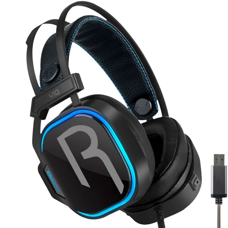 Casti Gaming USB Over Ear cu Microfon, Lumini LED, 7.1 Surround Sound, Deep Bass, Difuzor 50mm, Control Volum, pentru PC/ PS4/ PS5, Negru/ Albastru