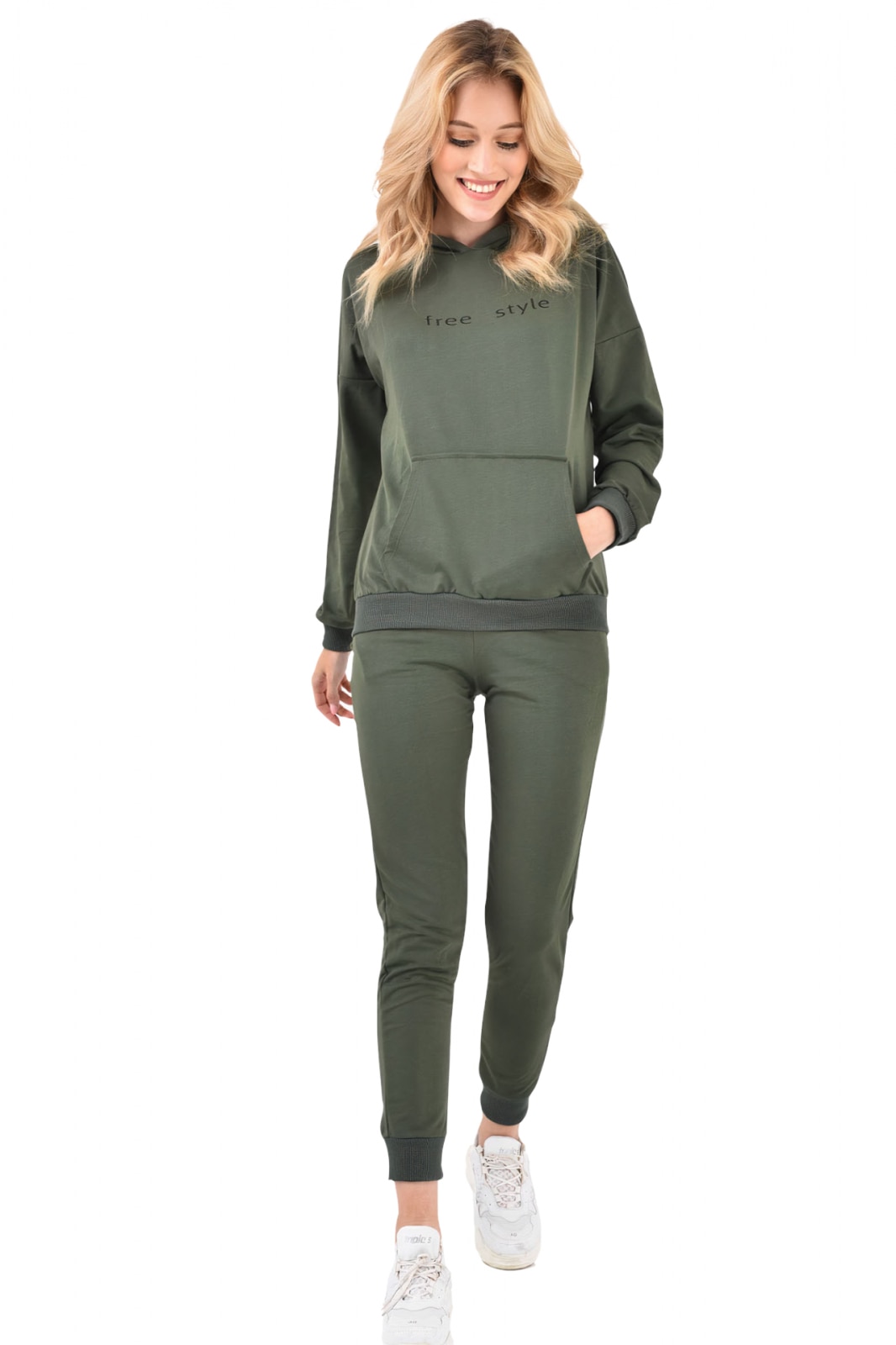 Trening dama, bumbac, set 2 piese, buzunare laterale si gluga, Embody Free, Kaki