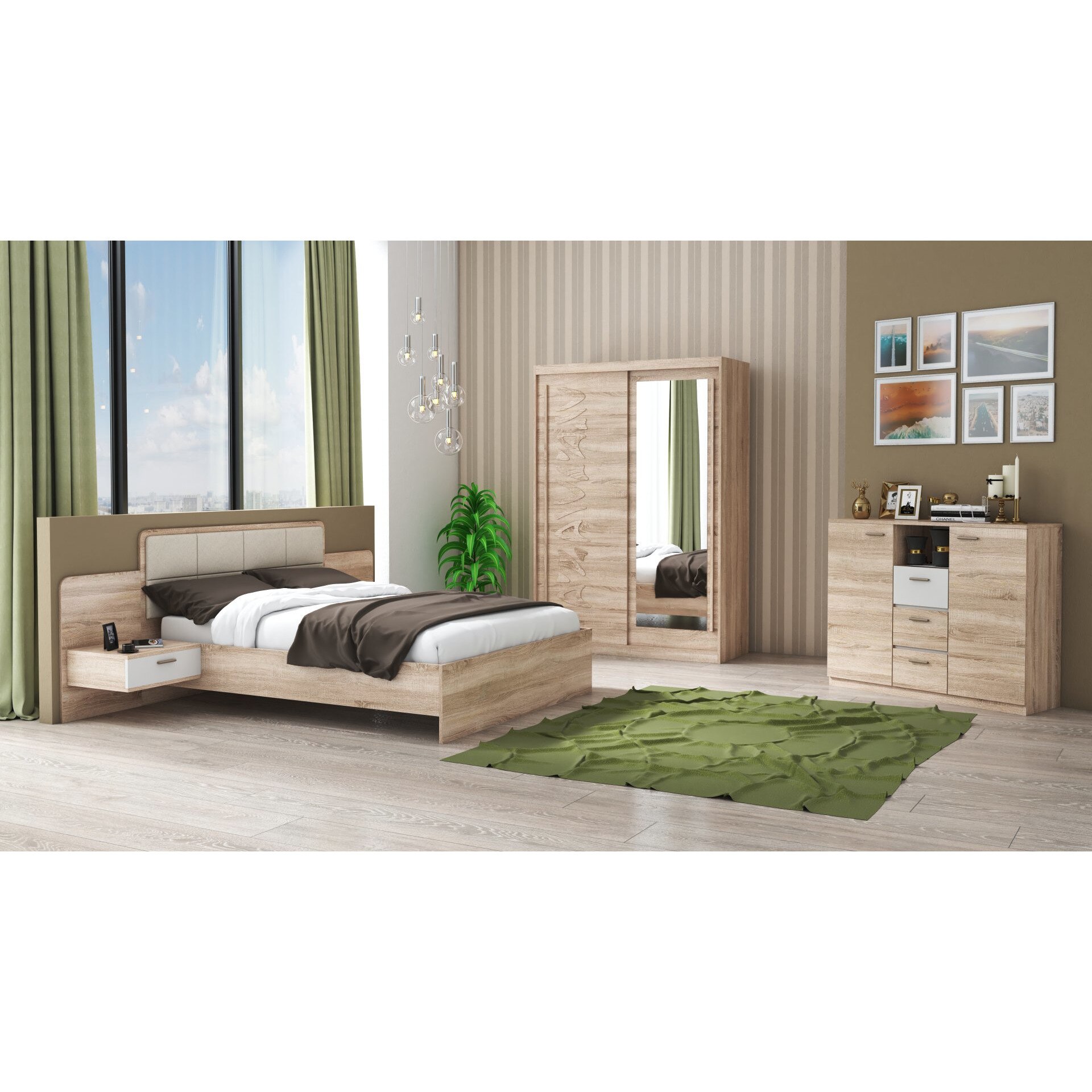 Set Dormitor Tokyo, Sonoma, Dulap 150 cm, Pat 160x200 cm, 2 noptiere, comoda