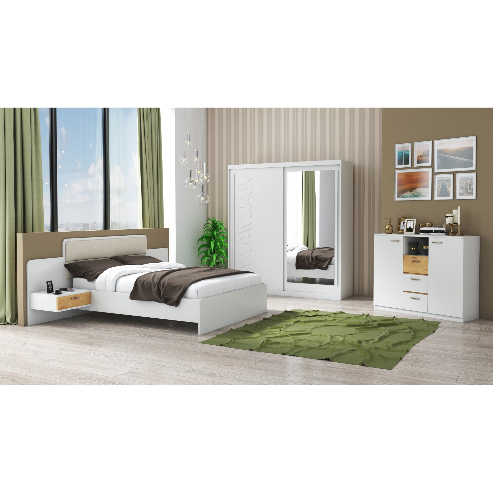 Set Dormitor Tokyo, Alb, Dulap 200 cm, Pat 160x200 cm, 2 noptiere, comoda