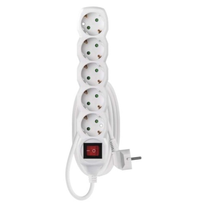 Разклонител Emos P1523, Бял, 5хШуко, Ключ On/Off, Детска защита, Кабел 300cm