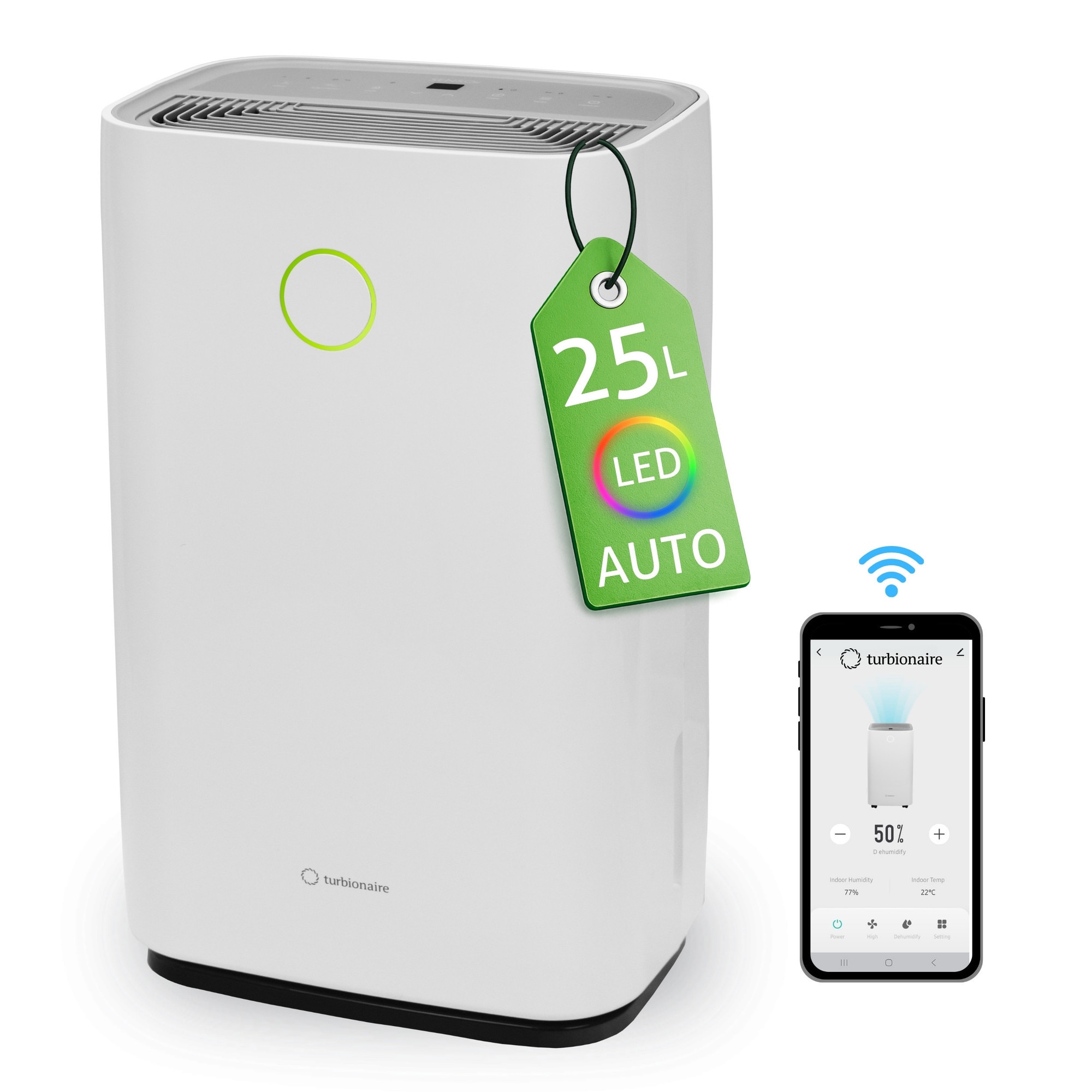 Dezumidificator Turbionaire SENSO 25, 25 l/24h, WiFi, Silentios 45 dB, Rezervor 4l, 180 m³/h, Control digital, Indicator luminos LED umiditate, Timer, Display LCD