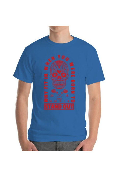 Tricou barbat, Printado, born to stand out, Bumbac, Regular fit, Albastru azuriu, 2XL INTL