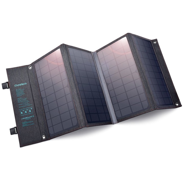 Incarcator solar CHOETECH, 4 panouri solare pliabile, 100W, Fast Charge, Conectori 2x USB-A USB-C DC, 12-18V, Impermeabil, Negru