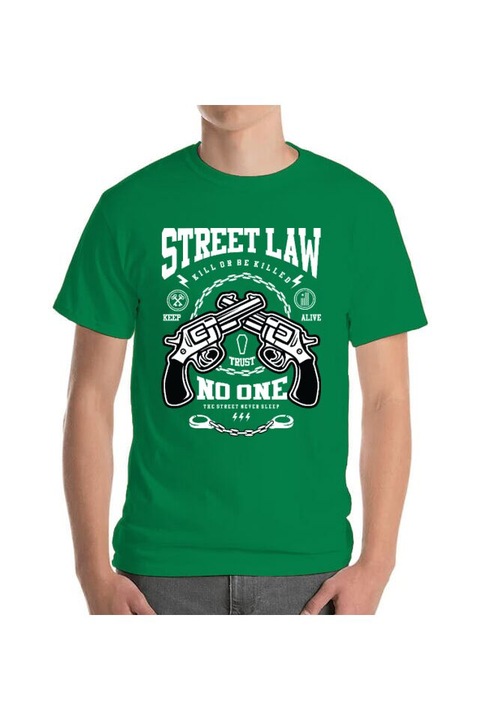 Tricou barbat, Printado, street law, Bumbac, Regular fit, Verde mediu, 3XL INTL