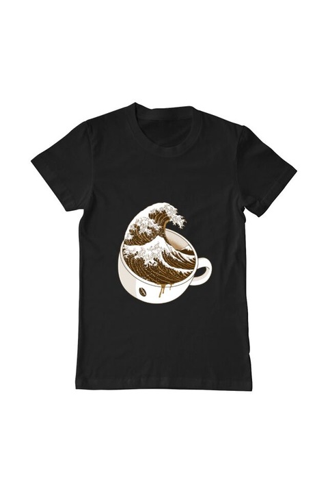 Tricou barbat, Printado, the great wave off coffee, Bumbac, Regular fit, Negru, XL INTL