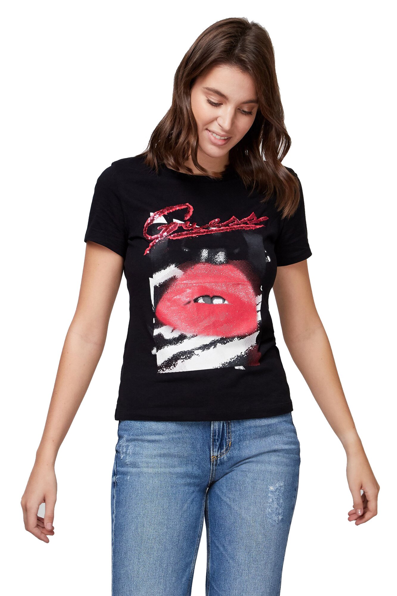 Tricou dama cu paiete Milena, Guess Jeans, Negru