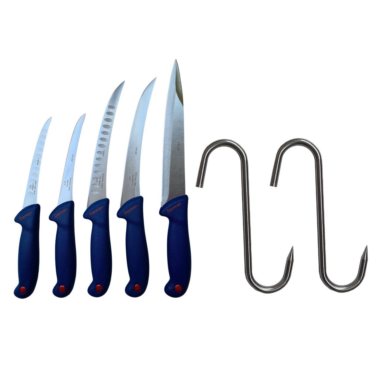 Set Profesional macelar 5 Cutite otel inoxidabil, dezosat, filetat, injunghiat si 2 Carlige inox Ø10 mm tip S